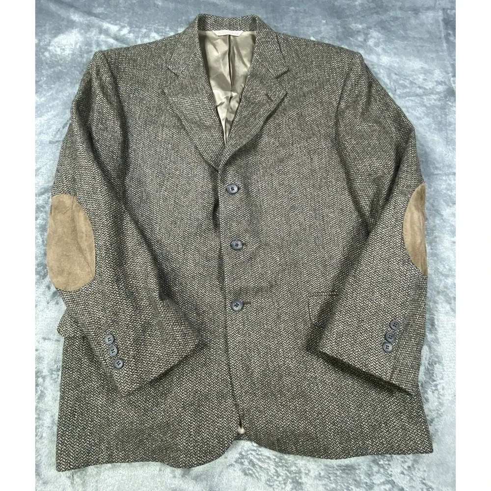 VTG Stafford Jacket Tweed Blazer Lambswool 46R Brown Herringbone Elbow Patch USA
